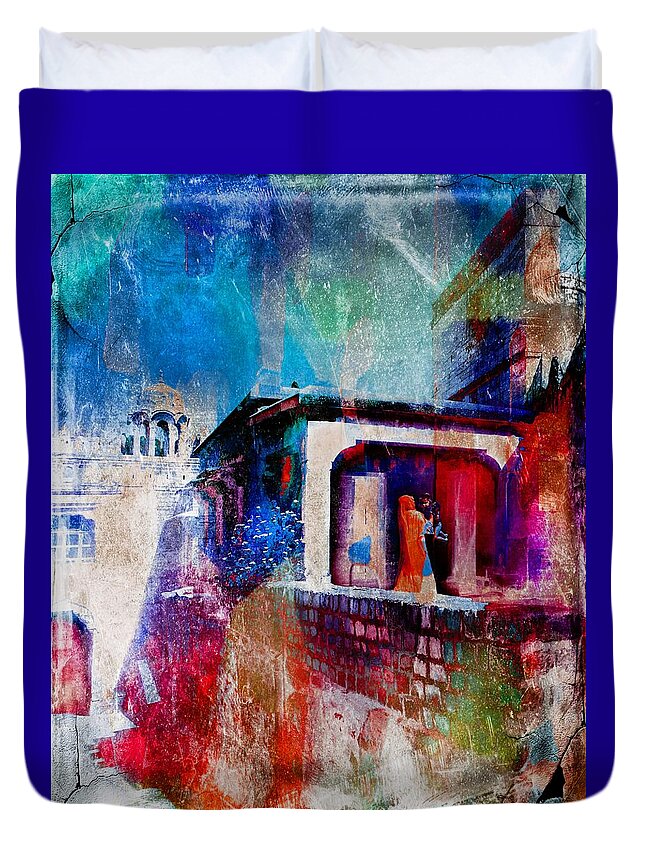 Mother And Child Duvet Cover featuring the photograph Mother and Child Travel Exotic Blue City Fort Watercolor India Rajasthan 1b by Sue Jacobi