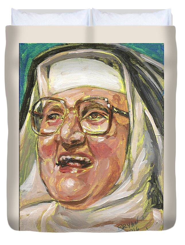 Catholic Duvet Cover featuring the painting Mother Angelica Laughs by Bryan Bustard
