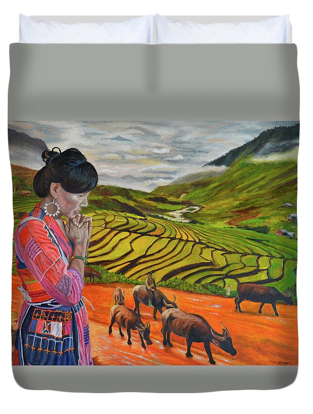 Hmong Woman Duvet Cover featuring the painting Mother's Land by Thu Nguyen