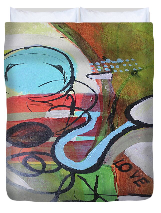 Mom Duvet Cover featuring the painting Mother's Love by April Burton