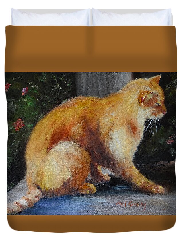 Cat Duvet Cover featuring the painting Mother's Yellow Tom by Carol Berning