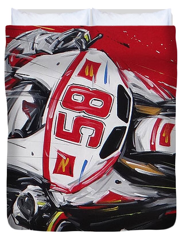 Cars Duvet Cover featuring the painting Moto GP Simoncelli Honda 58 by Roberto Muccilo