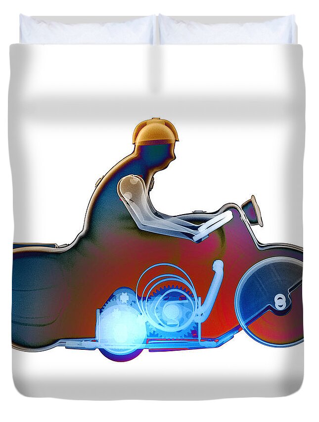 Tin Toy Motorcycle X-ray Art Photography Duvet Cover featuring the photograph Motorcycle X-ray No. 10 by Roy Livingston