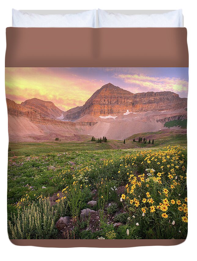 Utah Duvet Cover featuring the photograph Mount Timpanogos Wildflower Sunset - Utah by Brett Pelletier