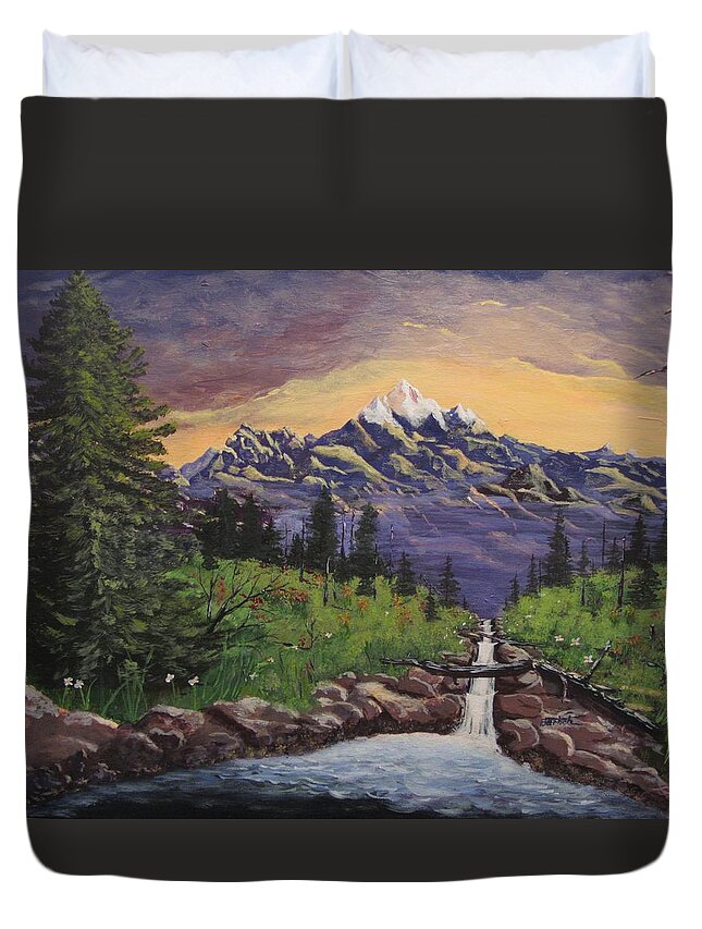 Mountain Duvet Cover featuring the painting Mountain and Waterfall 2 by David Bartsch