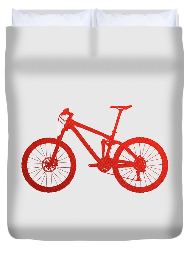 'two-wheel Drive' Collection By Serge Averbukh Duvet Cover featuring the digital art Mountain Bike Silhouette - Red on White Canvas by Serge Averbukh