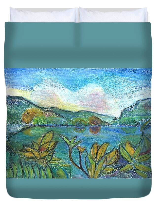Landscape Duvet Cover featuring the painting Mountain Blue Jamaica-Blue Hole by Kippax Williams