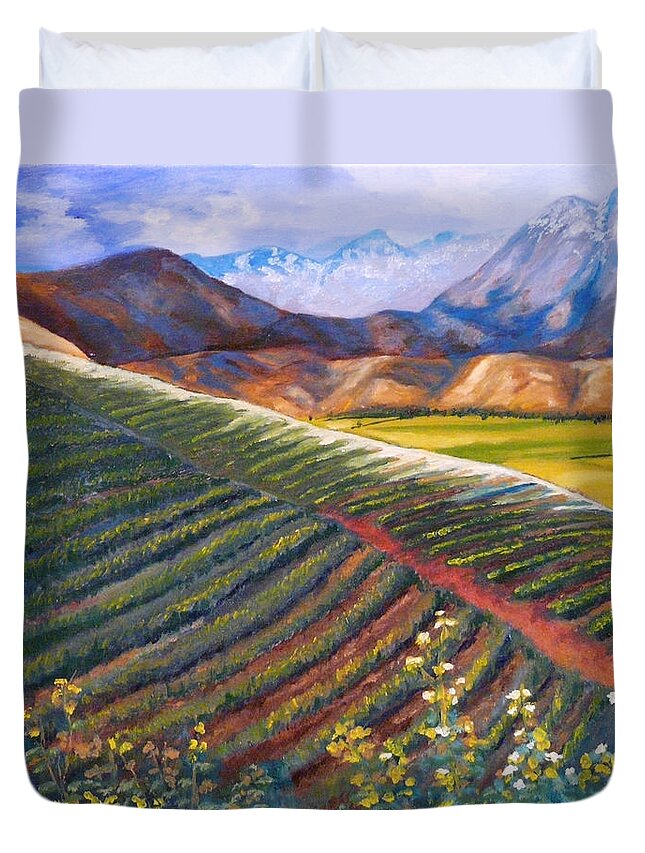 Farm Land Duvet Cover featuring the painting Mountain Farmland The Vineyard by Vic Ritchey
