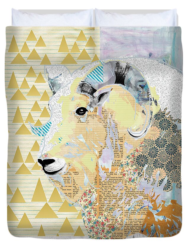Mountain Duvet Cover featuring the mixed media Mountain Goat Collage by Claudia Schoen