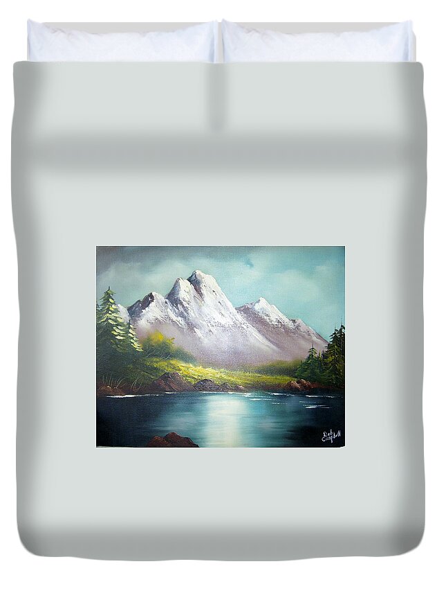 Mountains Duvet Cover featuring the painting Mountain Lake by Debra Campbell