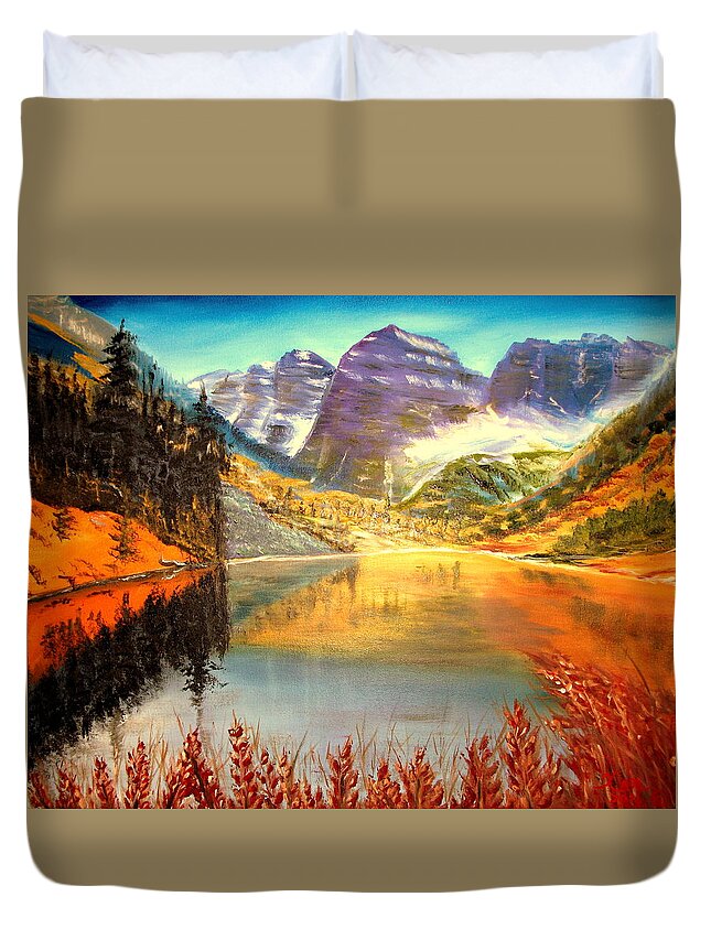 Landscape Duvet Cover featuring the painting Mountain Reflection by Kenneth LePoidevin