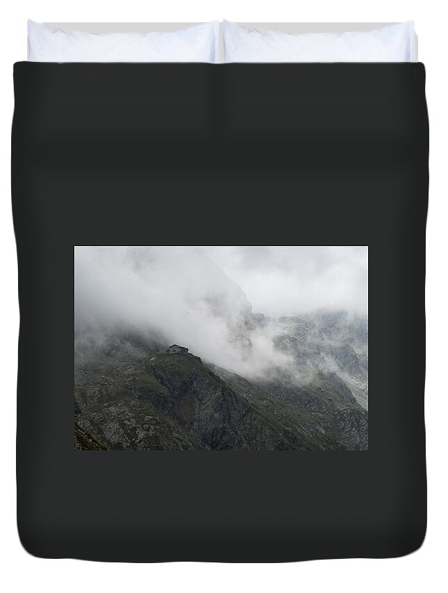 Mountain Duvet Cover featuring the photograph Mountain refuge in the clouds by Nicola Aristolao