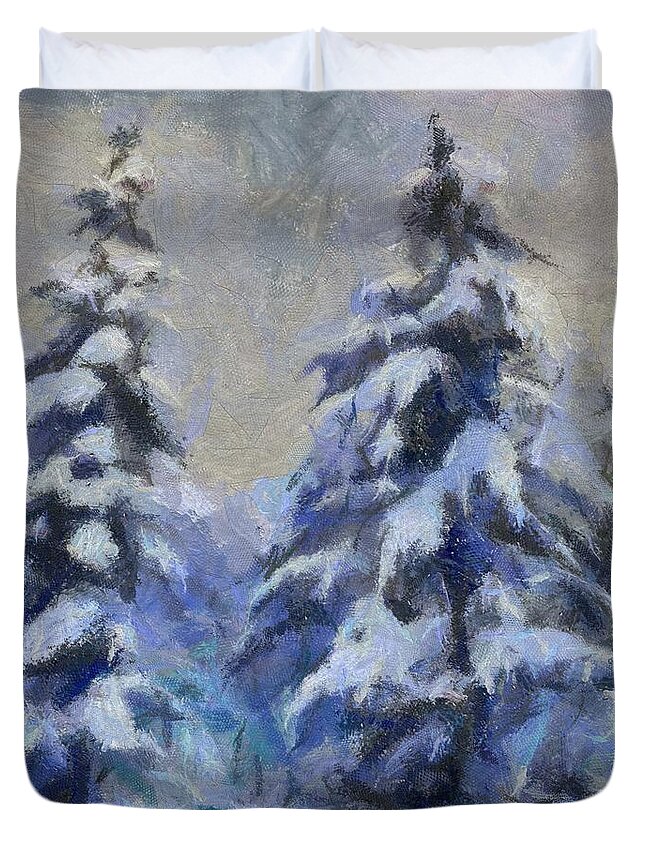 Winter Duvet Cover featuring the painting Mountain Spruce by Dragica Micki Fortuna