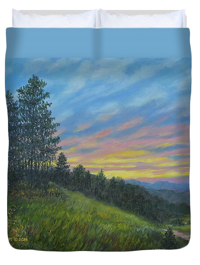  Duvet Cover featuring the painting Mountain Sundown by Kathleen McDermott