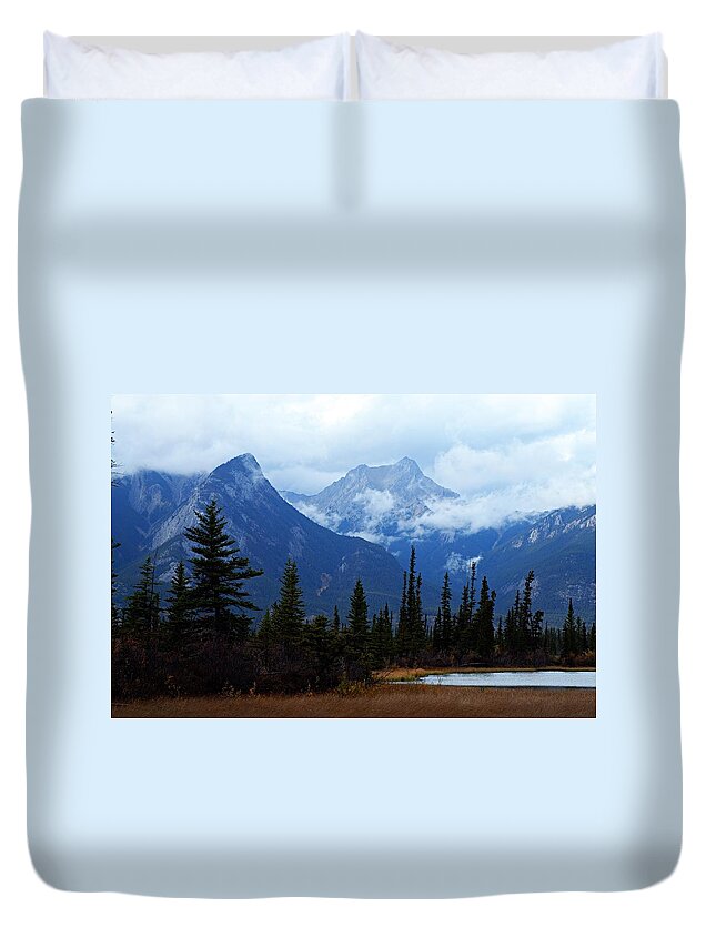 Jasper National Park Duvet Cover featuring the photograph Mountains in the Clouds by Larry Ricker