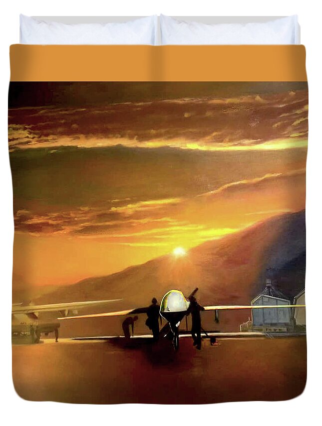 Military Art Duvet Cover featuring the painting MQ-1 Predator Titled Anytime Anyplace by Todd Krasovetz