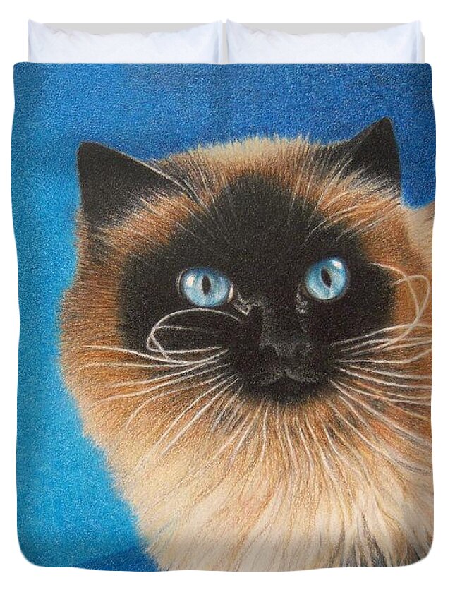 Cat Duvet Cover featuring the drawing Mr. Blue by Pamela Clements