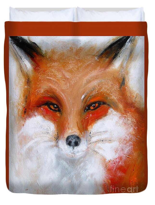 Mr Fox Duvet Cover featuring the painting Fox paintings and artwork Mr Foxy by Mary Cahalan Lee - aka PIXI