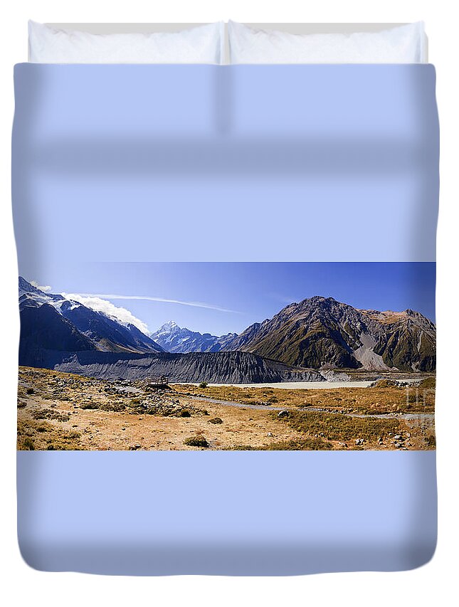 Mt Cook New Noramzealand Pano Paa Landscape Nz Snow Capped Mountains Mountain Vertical Valley Canterbury National Park Aoraki Meuller Lake South Island Duvet Cover featuring the photograph Mt Cook New Zealand and Meuller Lake by Bill Robinson