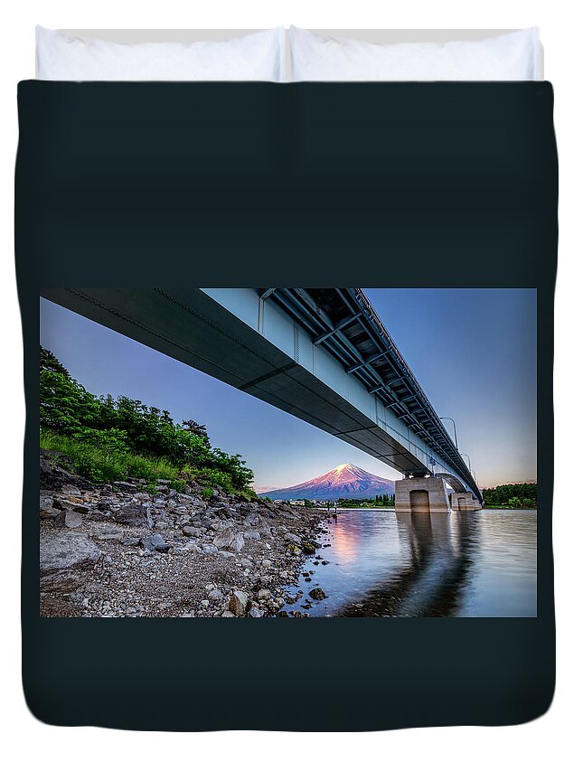 Fujikawaguchiko Duvet Cover featuring the photograph Mt Fuji - Under the Bridge by Craig Szymanski