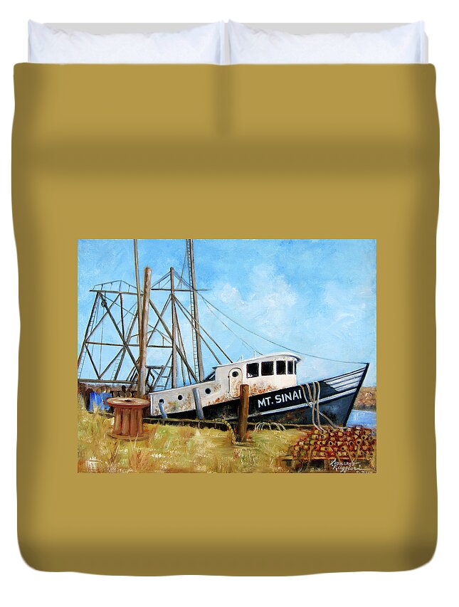 Belford Fishing Port Duvet Cover featuring the painting Mt. Sinai Fishing Boat by Leonardo Ruggieri