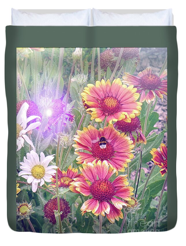 Flowers Duvet Cover featuring the photograph Multi Coloured Flowers with Bee by Lynn Bolt