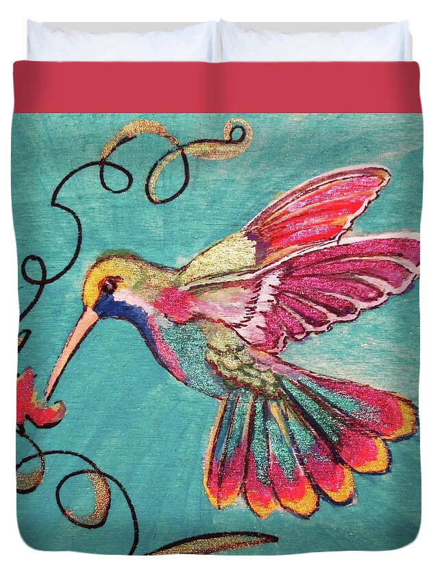 Birds Duvet Cover featuring the painting Multicolored Hummingbird by Julie Belmont