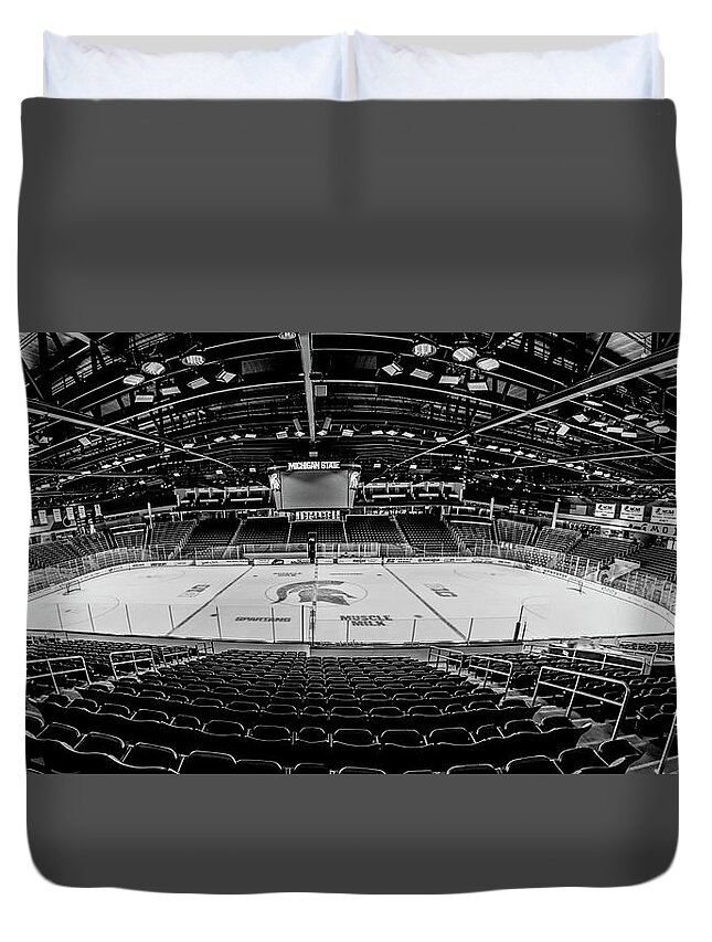 Michigan State Duvet Cover featuring the photograph Munn Ice Arena Black and White by John McGraw