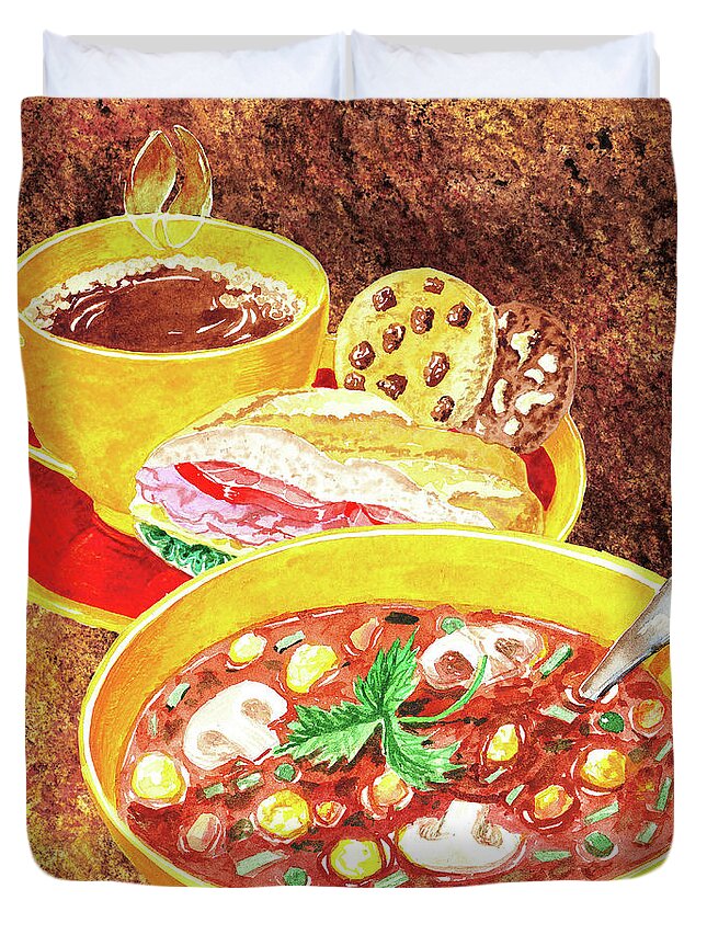 Soup Duvet Cover featuring the painting Mushroom Soup Sandwich And Coffee by Irina Sztukowski