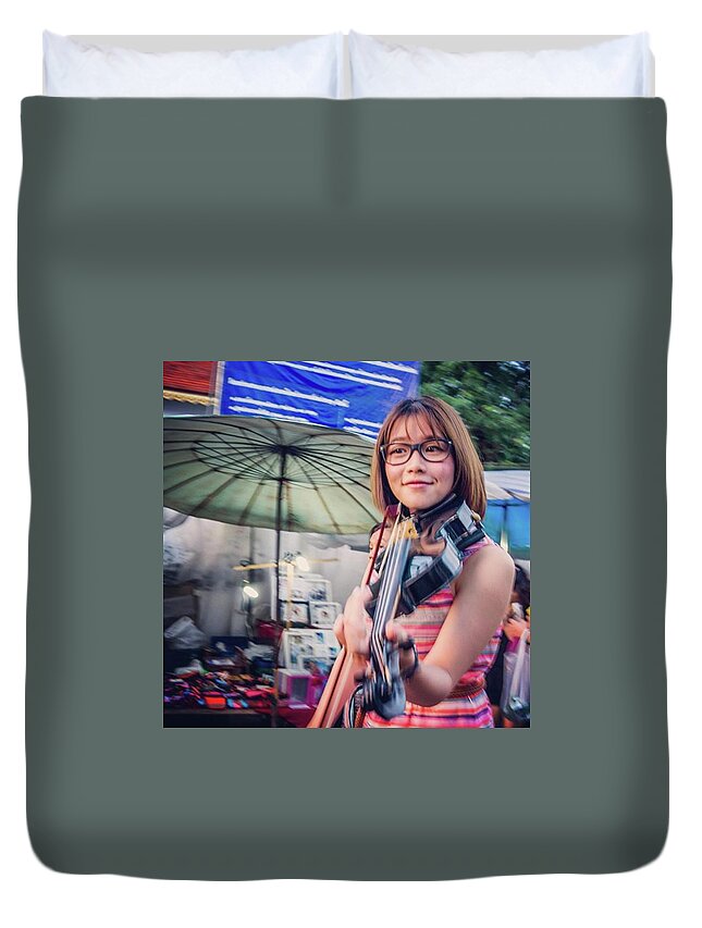 Busking Duvet Cover featuring the photograph Music On The Streets, Chiang Mai by Aleck Cartwright