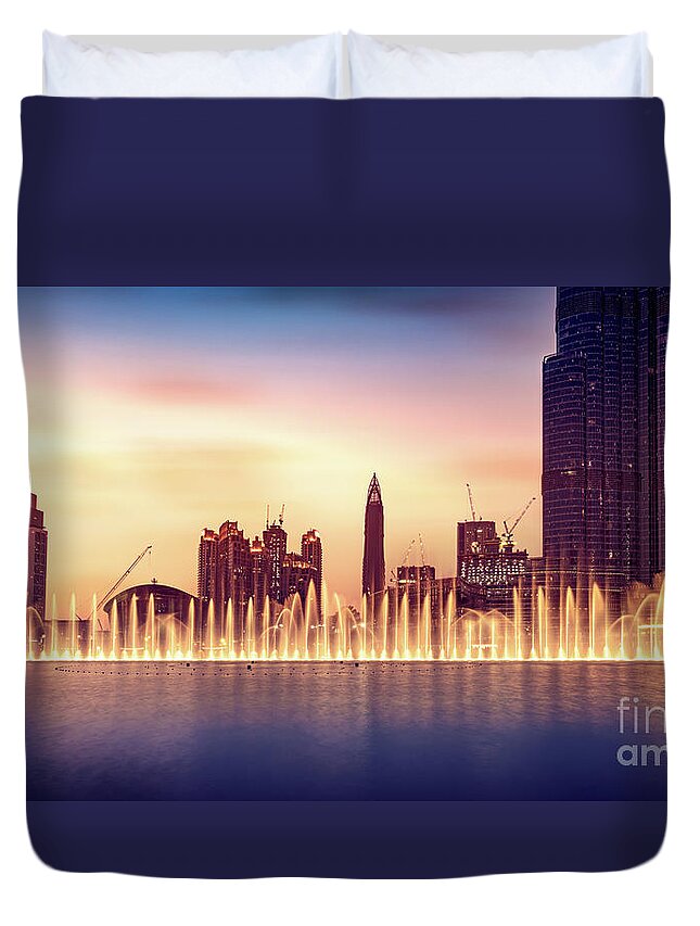 Arab Duvet Cover featuring the photograph Musical fountain of Dubai by Anna Om