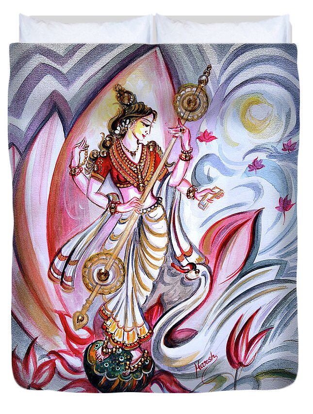 Saraswati Duvet Cover featuring the painting Musical Goddess Saraswati - Healing Art by Harsh Malik