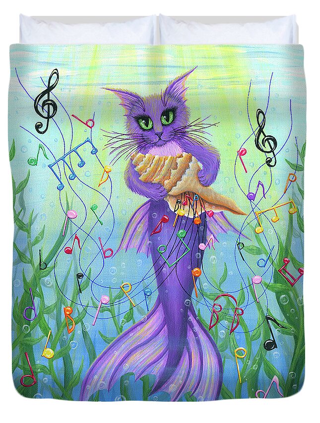Cat Decor Duvet Cover featuring the painting Musical Mercat - Purple Mermaid Cat by Carrie Hawks