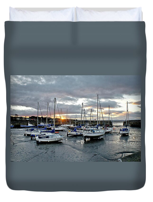 Musselburgh Duvet Cover featuring the photograph Musselburgh marina in the sunset. by Elena Perelman