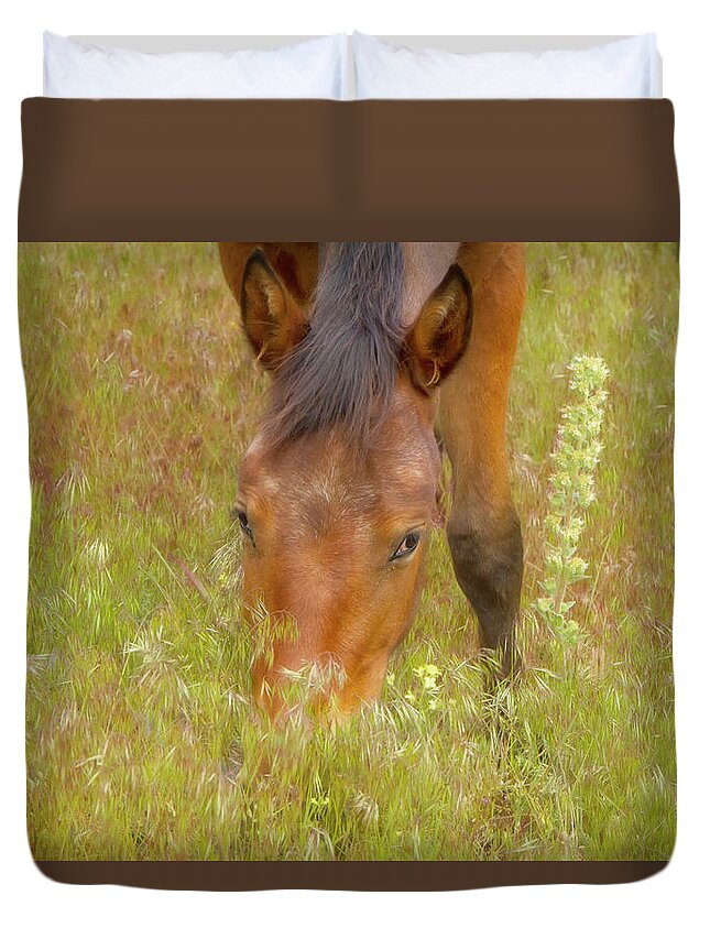 Horse Duvet Cover featuring the photograph Mustang in the Grass by Waterdancer