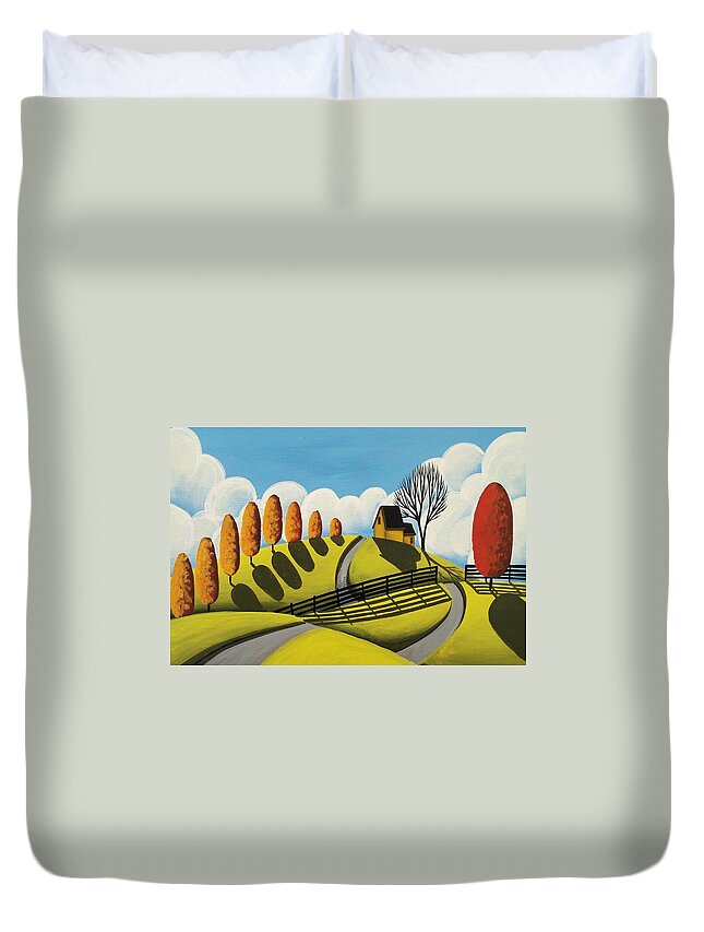 Art Duvet Cover featuring the painting Mustard Cottage - folk art landscape by Debbie Criswell