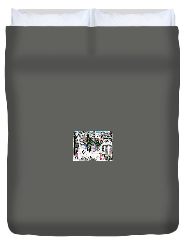 Cityscape Duvet Cover featuring the painting My beautiful neighbourhood by Subrata Bose