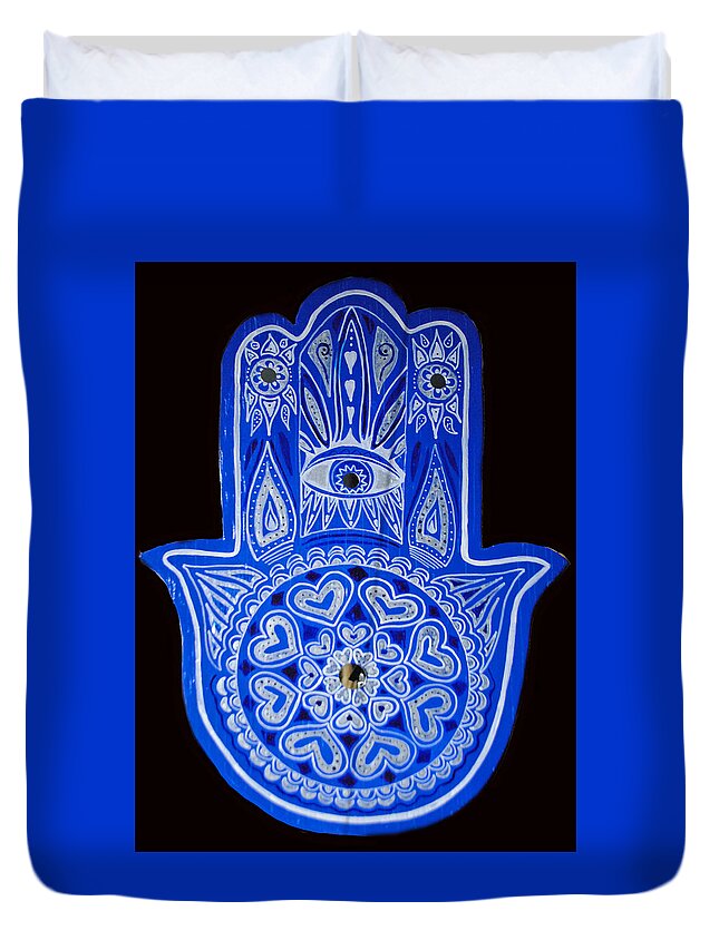 Blue Hamsa Duvet Cover featuring the painting My Blue Hamsa by Patricia Arroyo
