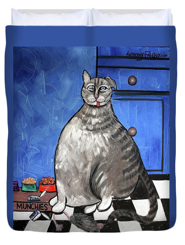  Abstract Duvet Cover featuring the painting My Fat Cat On Medical Catnip by Anthony Falbo