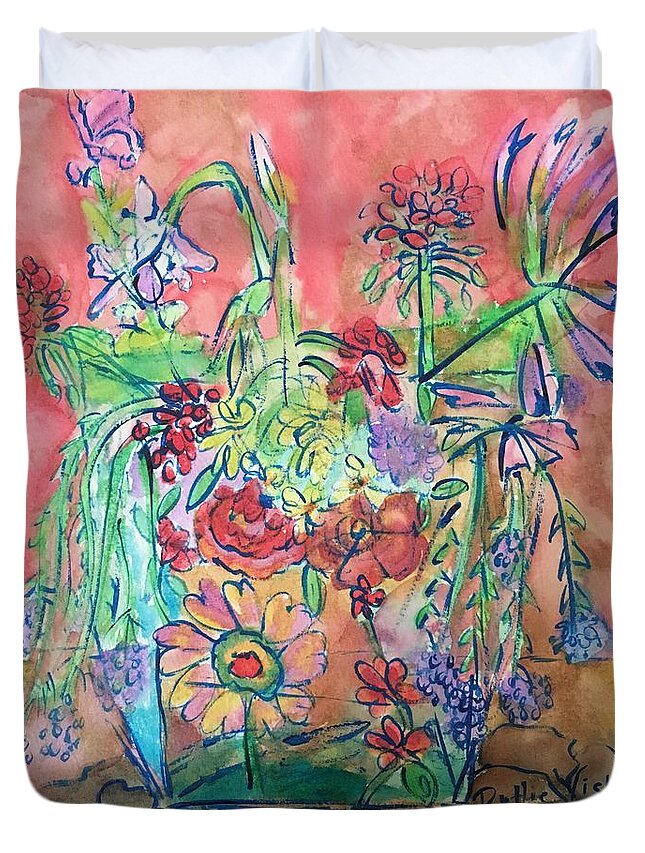 Flowers Duvet Cover featuring the painting My garden flowers in Mom's vase by Dottie Visker