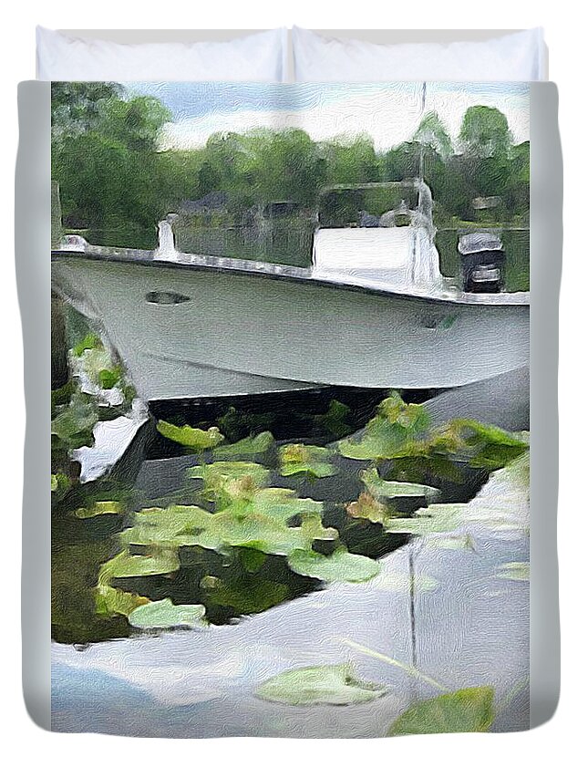 Boat Duvet Cover featuring the painting My Grandson's Boat by Marian Lonzetta