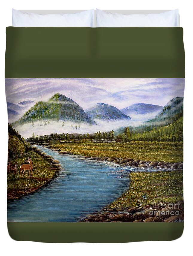 Mist Covered Mountains In Background Golden Rolling Hills And Tree Lines Meadow Or Pasture Filled With Tiny White Yellow And Blue Wildflower So Brown Black Bear In Distance Stalking Prey Doe With Two Fawns Divergent Stream With Three Fish Swimming Into It Three Small Butterflies In The Foreground To Point He Way Religious And Numerical Symbolism Spiritual Work Nature Scene Deer And Wildlife Paintings Acrylic Painting Duvet Cover featuring the painting My Morning Walk with God by Kimberlee Baxter