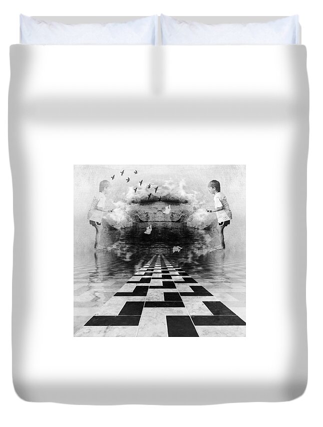 Boy Duvet Cover featuring the digital art My Shadow's Reflection I-monochrome by Melissa D Johnston