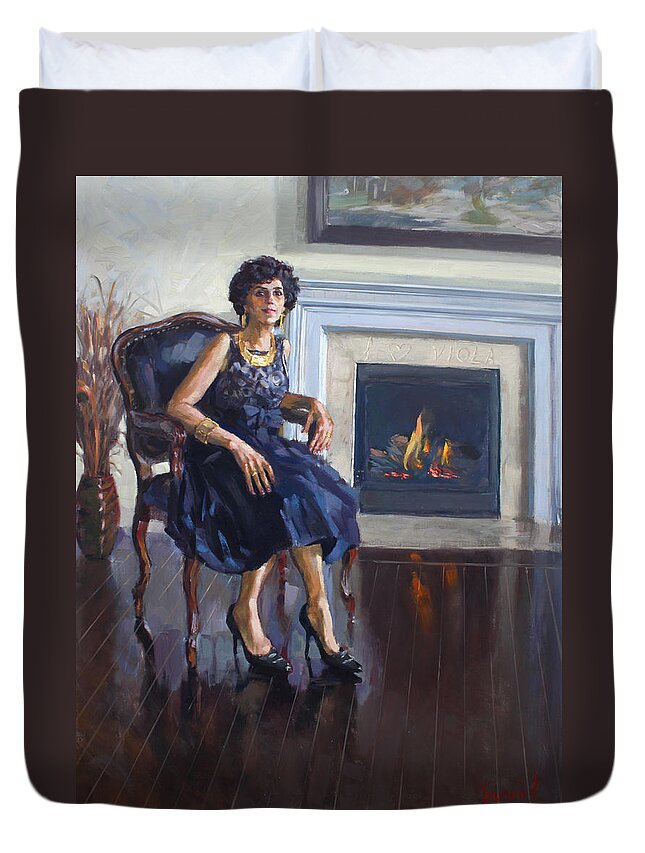 Lady Sitting Duvet Cover featuring the painting My Viola - the Birthday Girl by Ylli Haruni