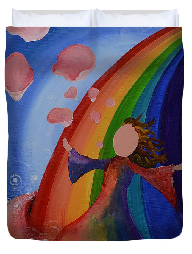Rainbow Duvet Cover featuring the painting My World by Catt Kyriacou
