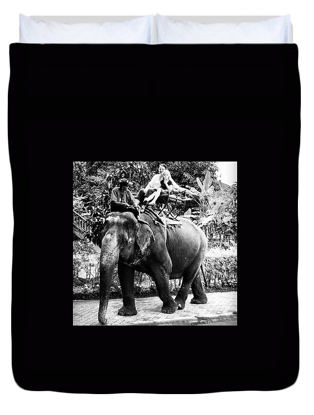Missionaries Duvet Cover featuring the photograph Mya & Donna Ride An Elephant In Thailand by Aleck Cartwright
