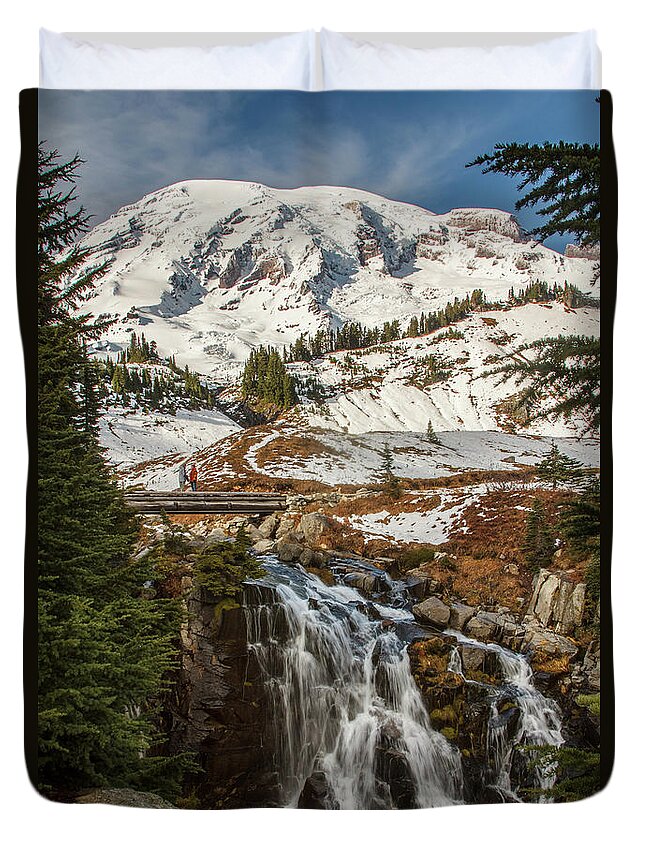 Mt. Rainier Duvet Cover featuring the photograph Myrtle Falls, Mt Rainier by Tony Locke
