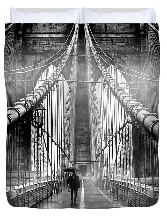 Brooklyn Bridge Duvet Cover featuring the photograph Mystery Manhattan by Az Jackson