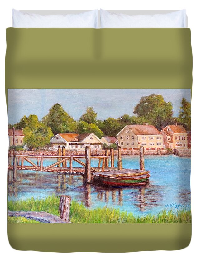Boat Duvet Cover featuring the painting Mystic River View by Jodi Higgins
