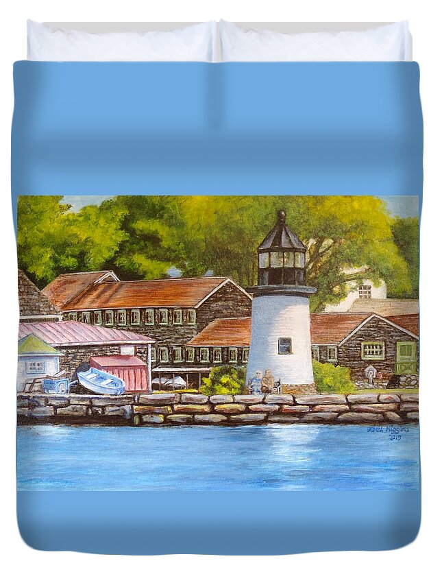 Lighthouse Duvet Cover featuring the painting Mystic Seaport Lighthouse by Jodi Higgins